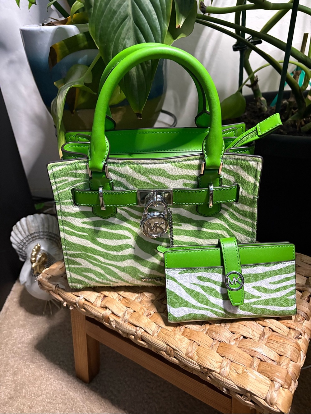 Michael Kors Lime Green Zebra-Print Satchel with Matching Card Case